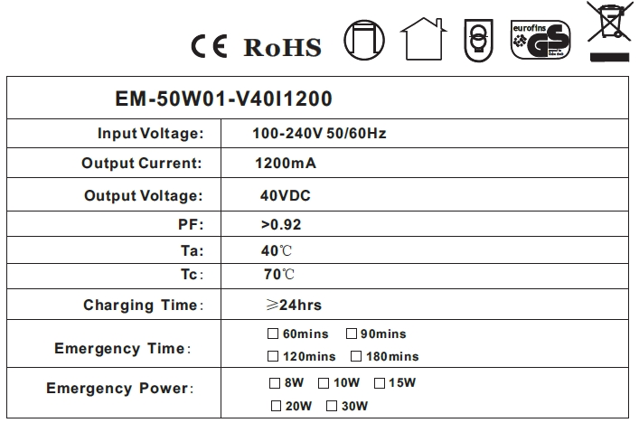 Dimmable LED Emergency Driver With Rainproof Switching 30V Output