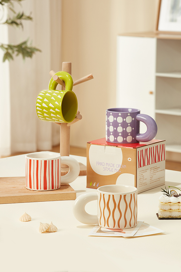 Ready To Ship In Stock Unique Handmade Ceramic Mugs Colorful Striped Pattern Tea Milk Porcelain Mug 3d