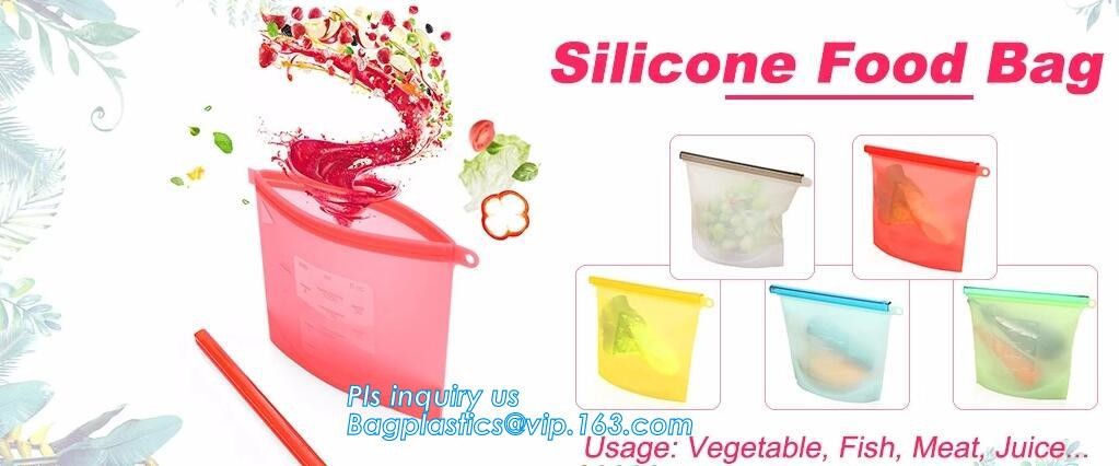 Storage preservation reusable silicone food bag,FDA reusable silicone storage food bag with Zip lockk in microwave bagease