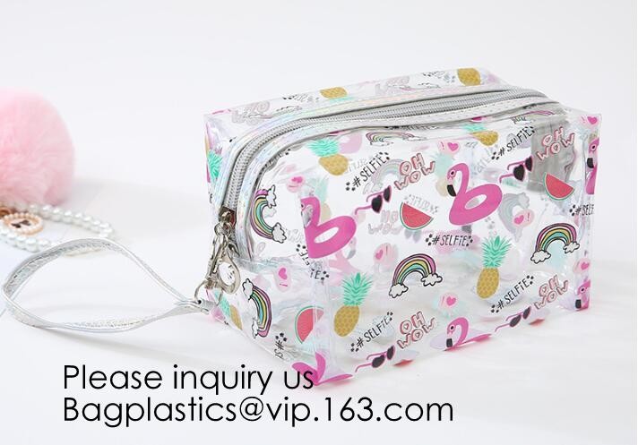Clear Zipper Pouch with Strap Makeup Bag PVC Cosmetic Pouch,Printing Clear Zip lockk Cosmetic PVC Pouch, bagease, bagplast