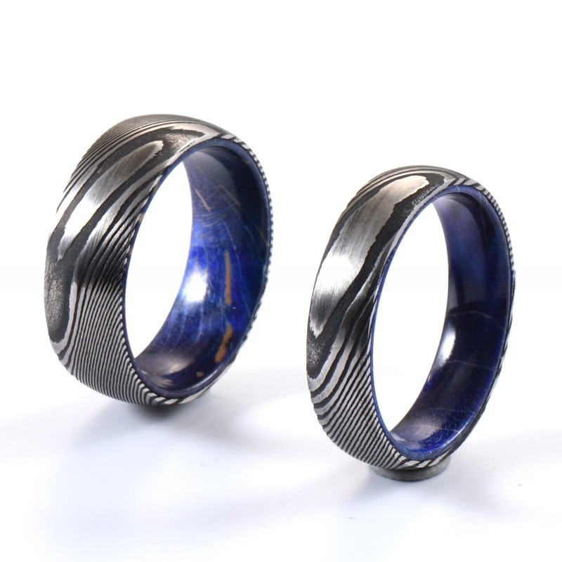 Etched Damascus Wedding Rings 6mm 8mm With Blue Purple Wood Sleeve Inlay