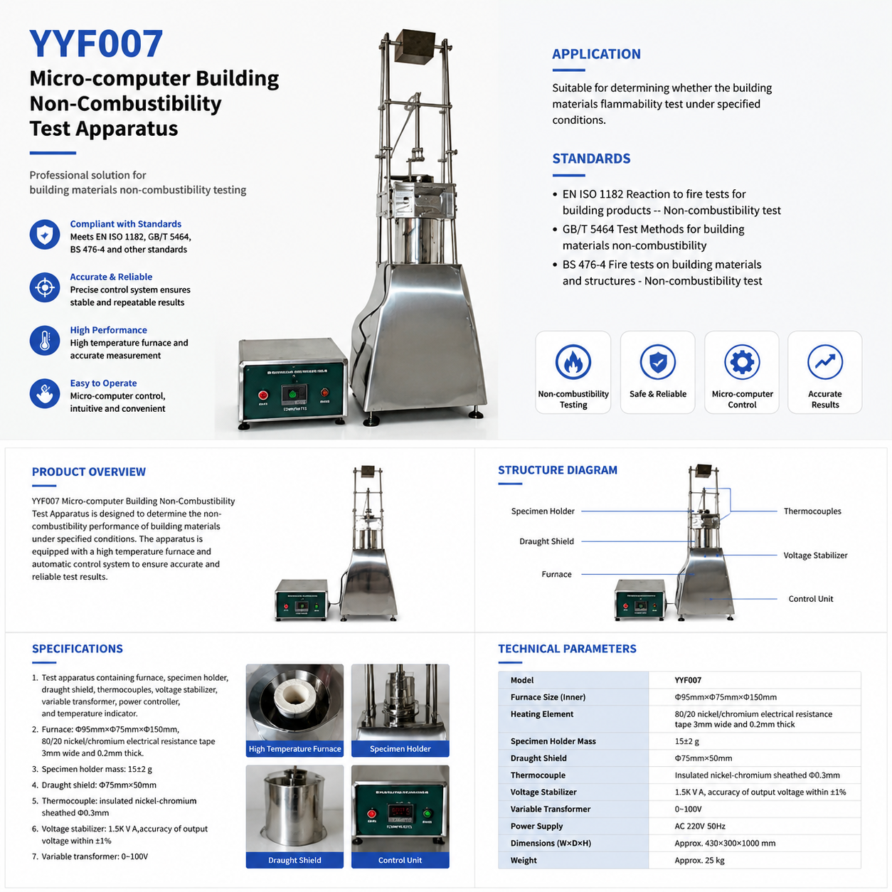 Micro-computer Control EN ISO 1182 Compliant Non-Combustibility Test Apparatus with 1600°C Heat Resistance Fire Tester