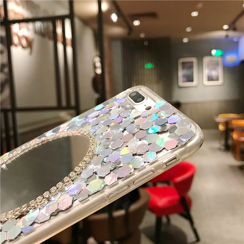Rehinestone Electroplated Designer Makeup Phone Case With Mirror