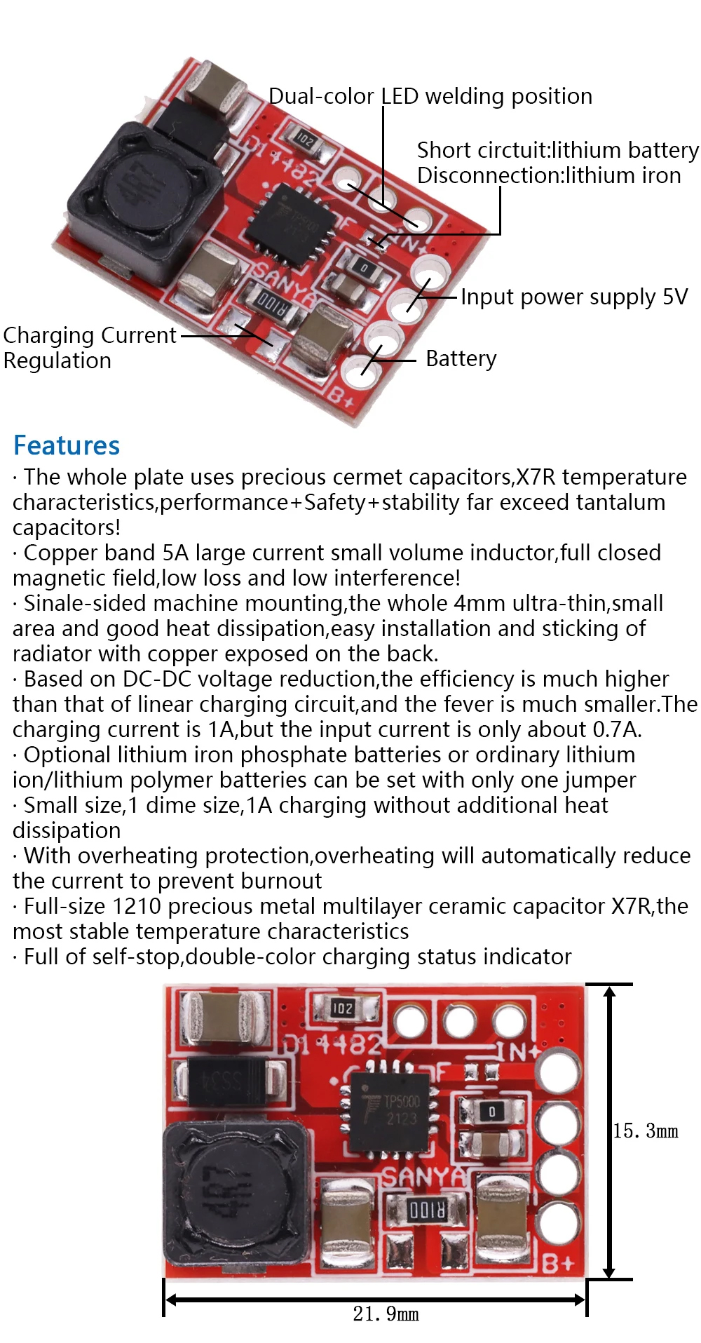 TP5100 TP5000 Charging Management Power Supply Module Board 18650 1A 2A 5V Compatible With 4.2V 8.4V 1S 2S Lithium Batteries