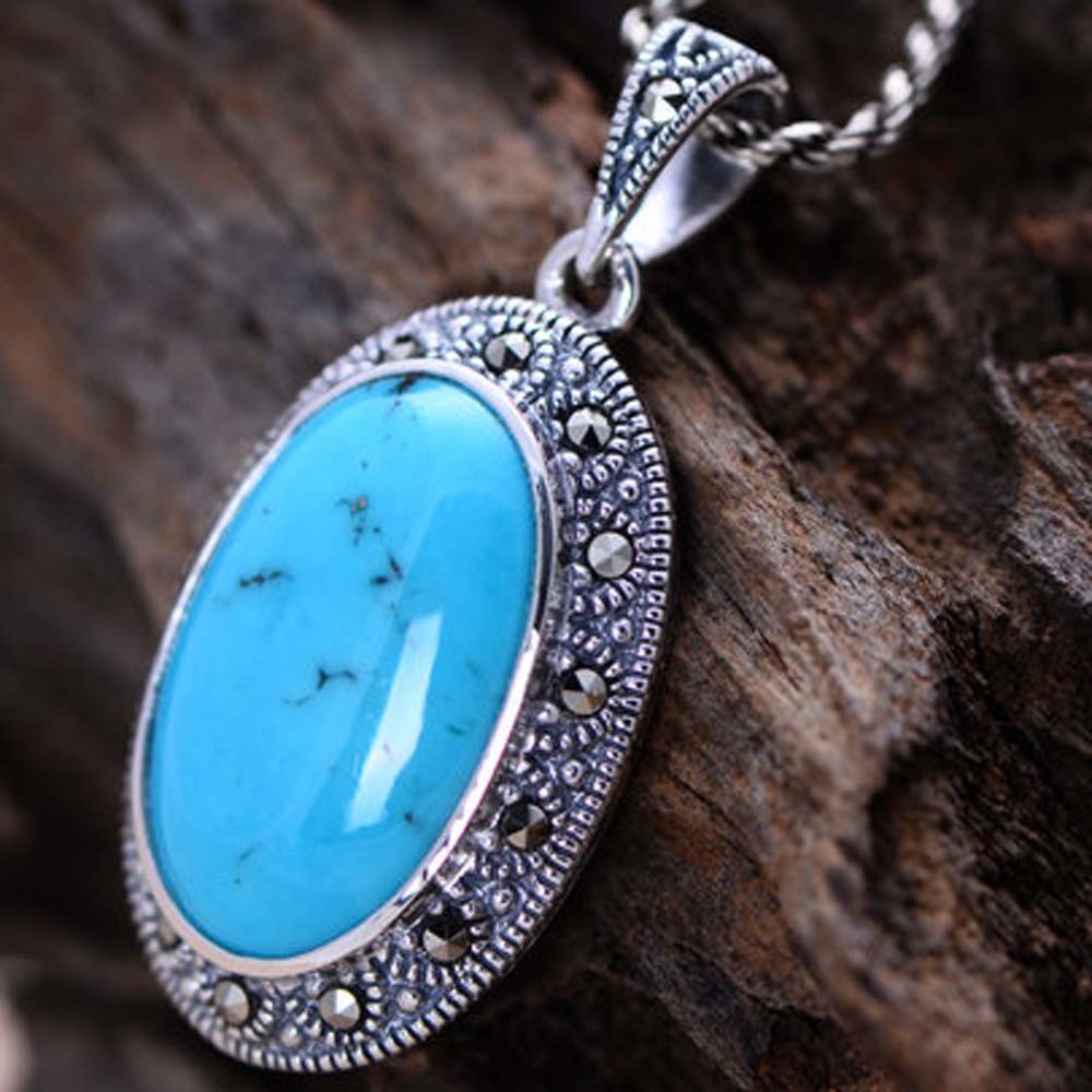 Women Vintage Necklace Sterling Silver Oval Turquoise Marcasite Charm Pendant （XH052566 ）