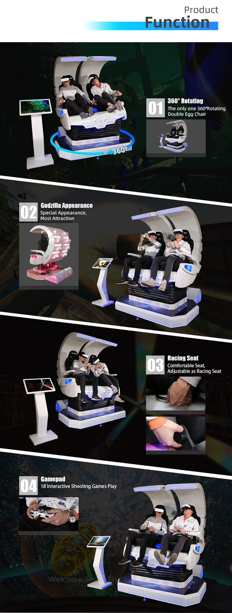 Godzilla Gaming Chair VR Motion Simulator Double Egg Chair 360 Degree Rotating