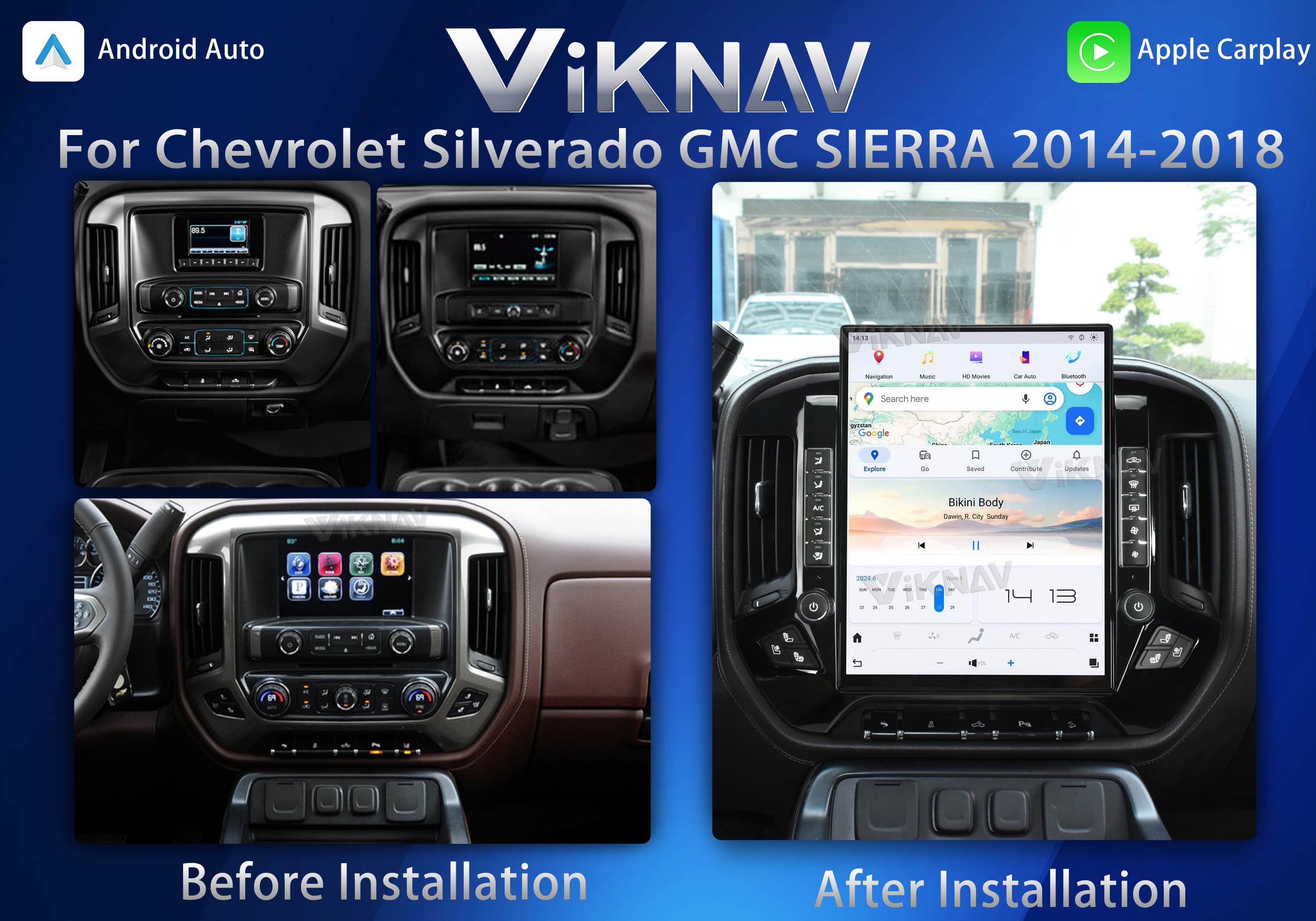 VIKNAV 15.6'' Car Radio For Chevrolet Silverado / GMC SIERRA 2014-2018 （Black）