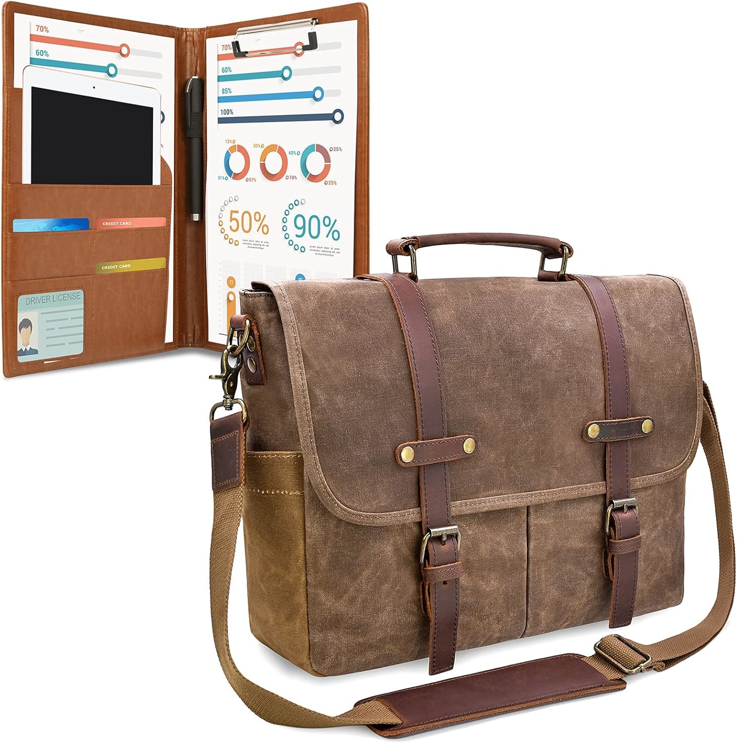 MENS MESSENGER BAG 15.6 INCH WATERPROOF VINTAGE GENUINE LEATHER WAXED CANVAS BRIEFCASE LARGE SATCHEL SHOULDER BAG