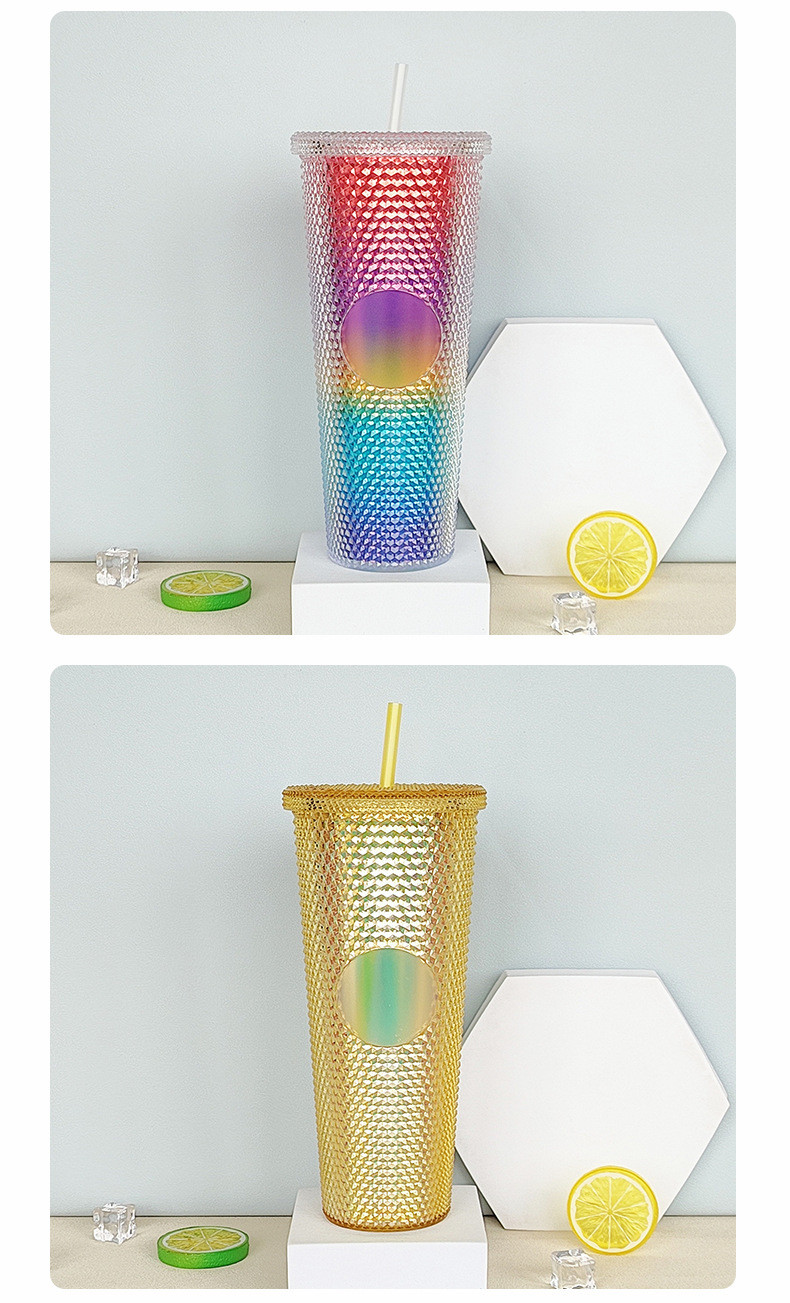 Iridescent Studded Double-Wall Plastic Tumbler With Lid Straw For DIY Customization Iced Coffee Water BPA-Free
