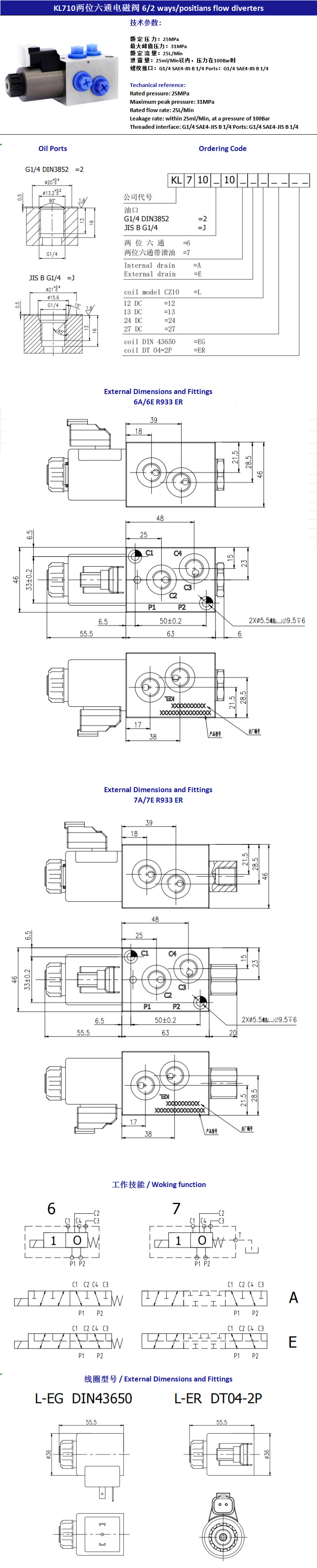 On Off Solenoid Control Valve 6 Way 2 Position Hydraulic Electric Valve