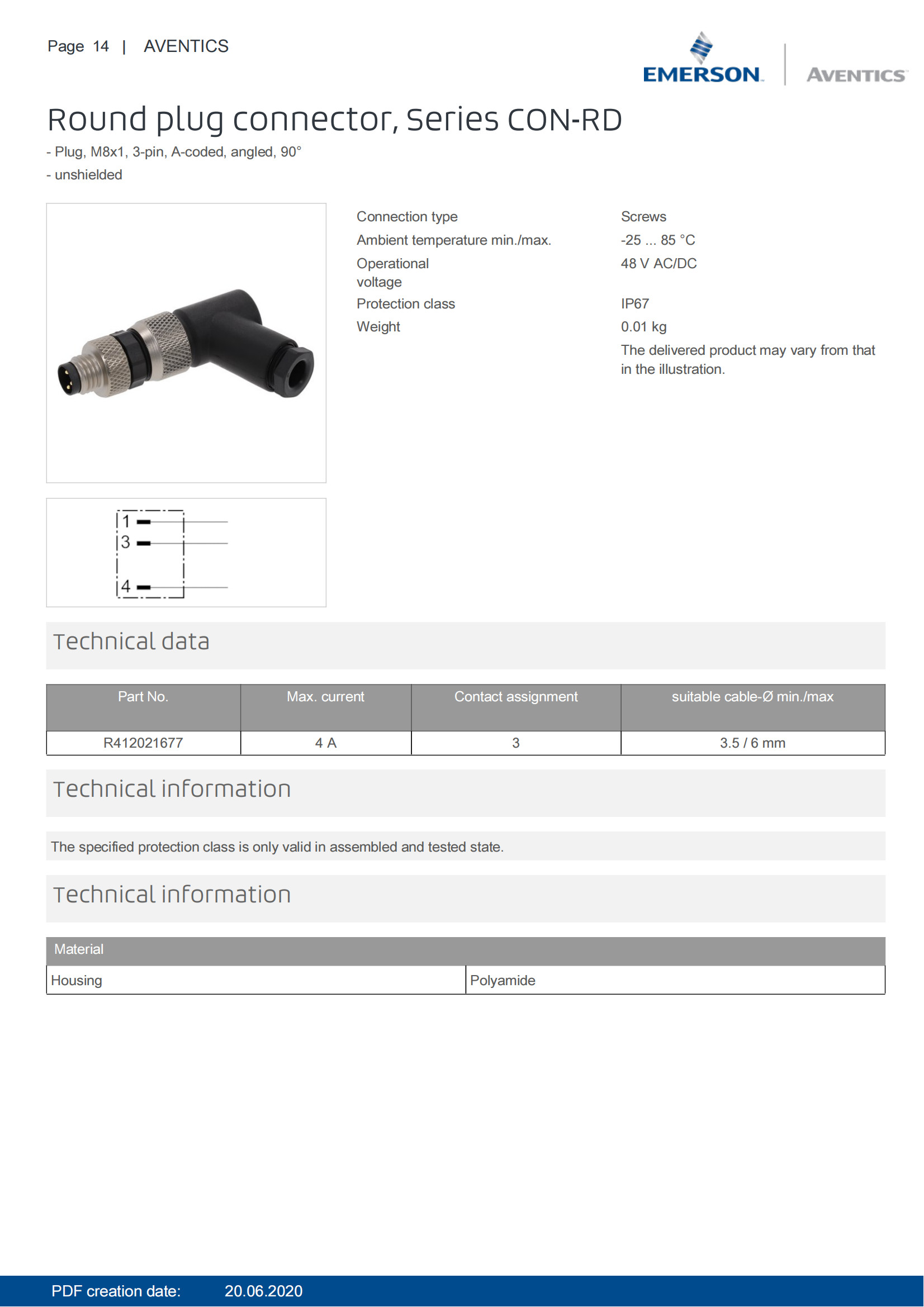 AVENTICS Series CON-RD Round Plug Connectors Unshielded 3 Pin A Coded IP67 Waterproof