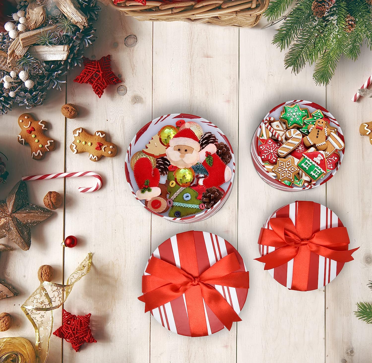 Craft Christmas Round Nesting Gift Boxes with Lids 4 Pack Red and White Candy Cookie Box