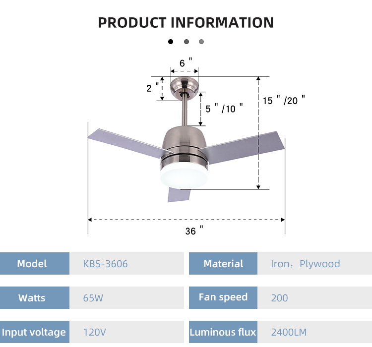 65W 3000K 36 Inch Ceiling Fan Light Iron 3 Blade Metal Ceiling Fan