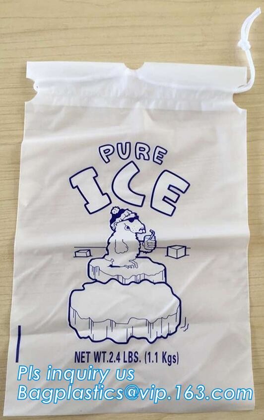 ECO FRIENDLY ICE PACK BAGS, ECO GREEN PACKAGING, BIO ICE BAG, disposable drawstring top crystal clear ice plastic bag,