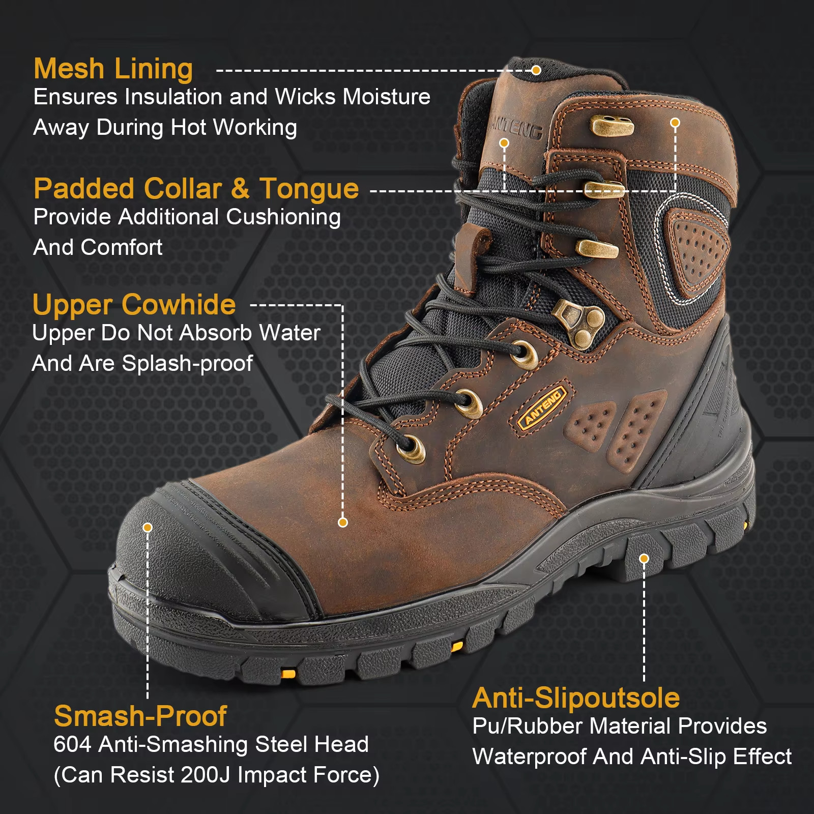 Non-slip Hiking Work Safety Boots With Steel Toe And Mesh Lining Material