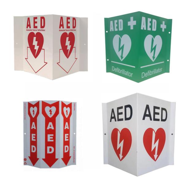 White Wall Mount AED Wall Sign Green Plastic Defibrillator AED V Sign Custom