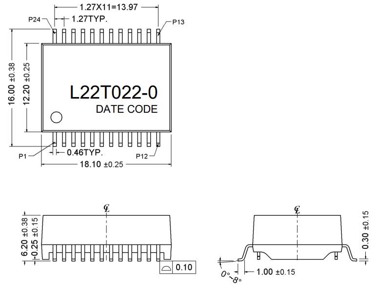 L22T022-0 SMD LAN Transformer Dimension (Unit mm):