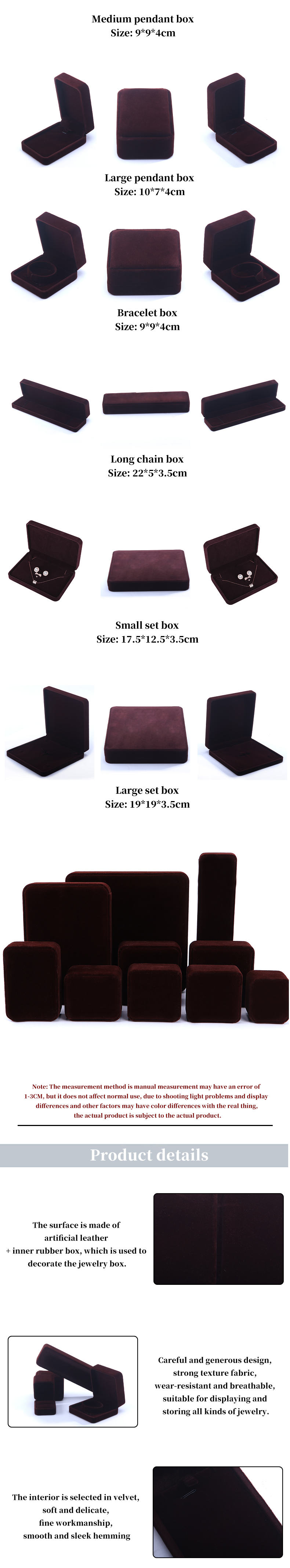 China Manufacturing wholesale high end Handmade Necklace Ring Box Jewellery Packaging Custom logo Luxury Square Suede Velvet Brown Jewelry Box