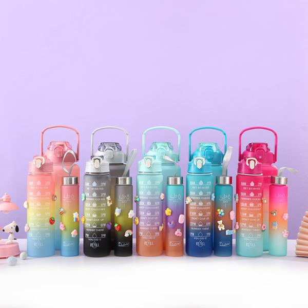 3 PCS Water Bottles With Straw 10oz 32oz 64oz Motivational Sport Water Bottles
