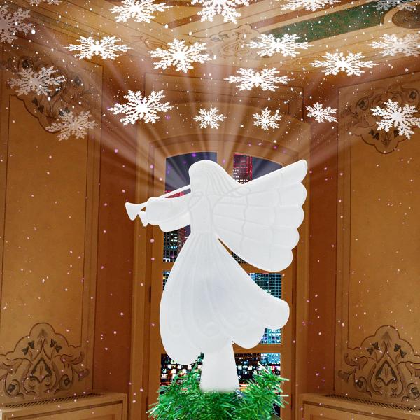 Quality 3D Hollow Golden Christmas Tree Topper Lighted Angel Shaped Tree Topper with LED Rotating Snowflake Projector Lights for sale