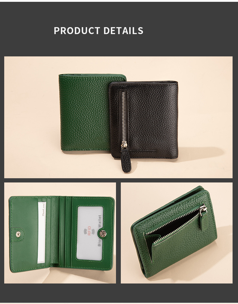 Low MOQ Mix Models Genuine Leather Wallet with RFID Blocking and Zipper Front Pocket