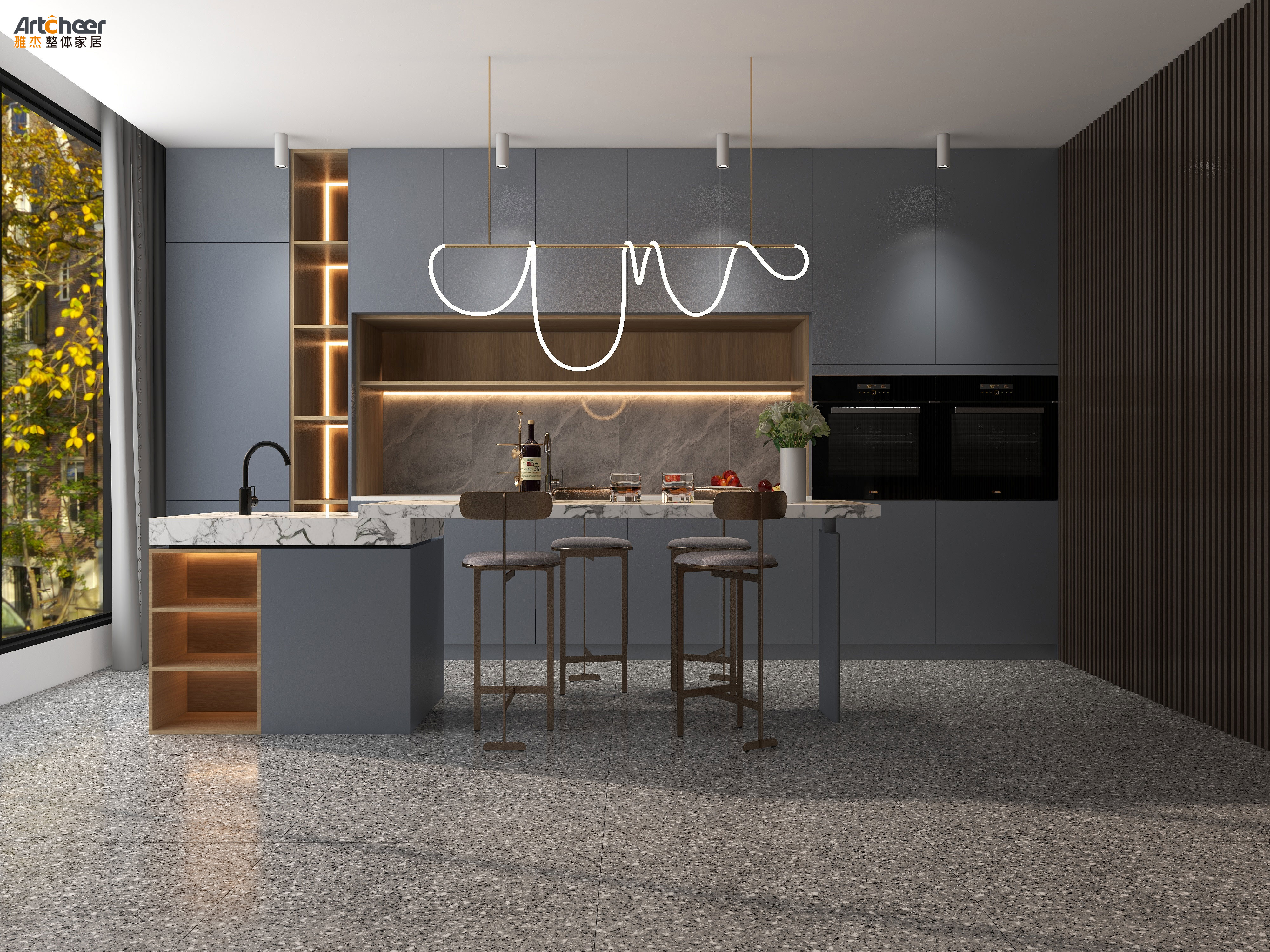 Durable I Shape Modern Kitchen Design with Pure Acrylic Countertop and Lazy Susan Storage