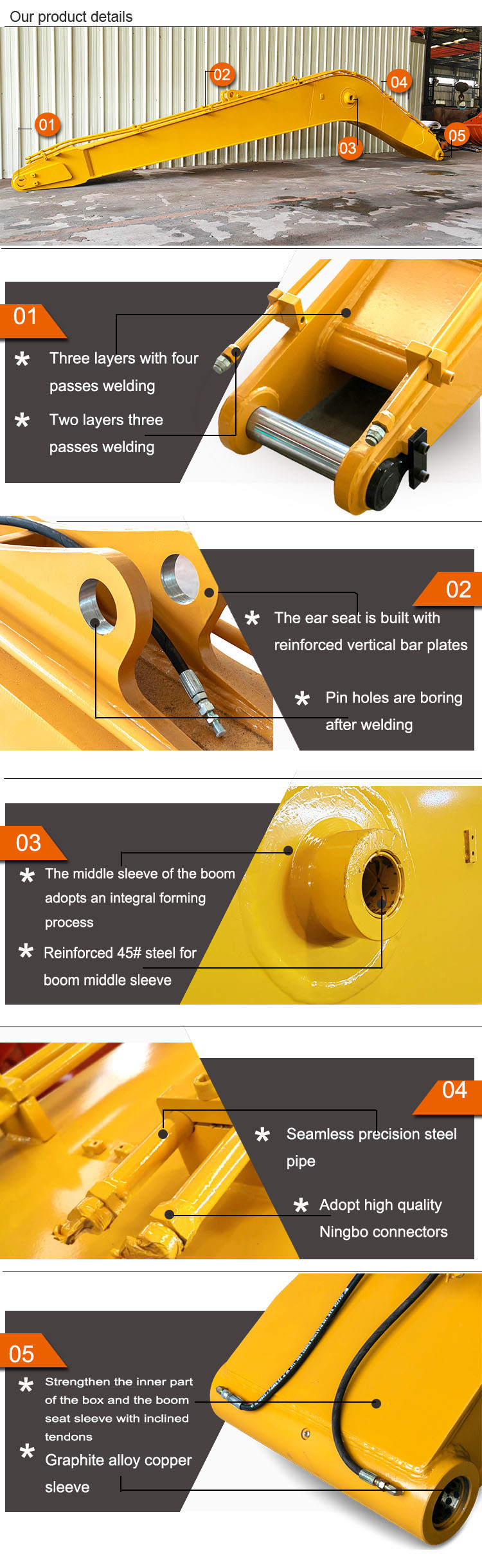 Hot Sale Long Reach Excavator Booms With Bucket Cylinder For Cat Komatsu
