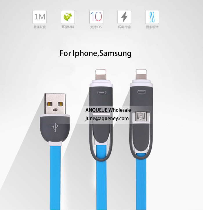 2 in 1 usb cable micro charging and data cable for android samsung, iPhone 2in1