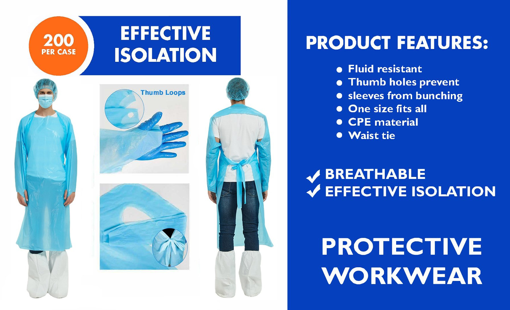 S&J Disposable CPE Gown 510K Certificated Protection Medical Surgical Isolated Gowns Long Sleeve with Thumb-Loop