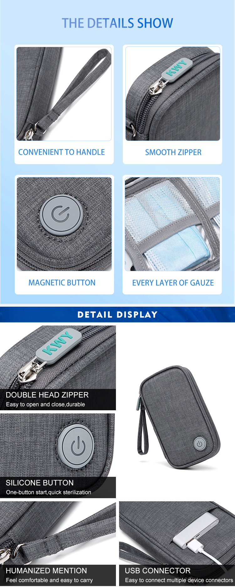 2W 5V UVC Disinfection Bag Portable LED UV Disinfection Bag 11*4*19cm