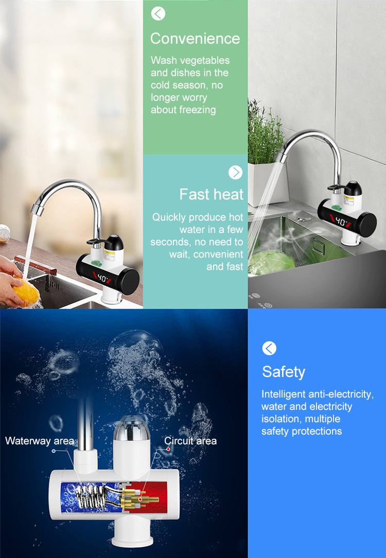 3000W Instant Electric Water Heater Tap RoHs Kitchen Faucet With Temperature Display