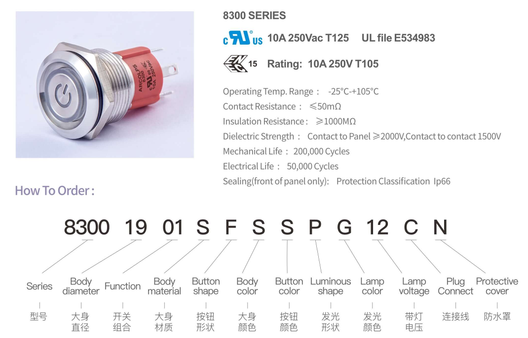 Customizable High Current Push Button Switch 19mm Momentary Switch 10A 250V