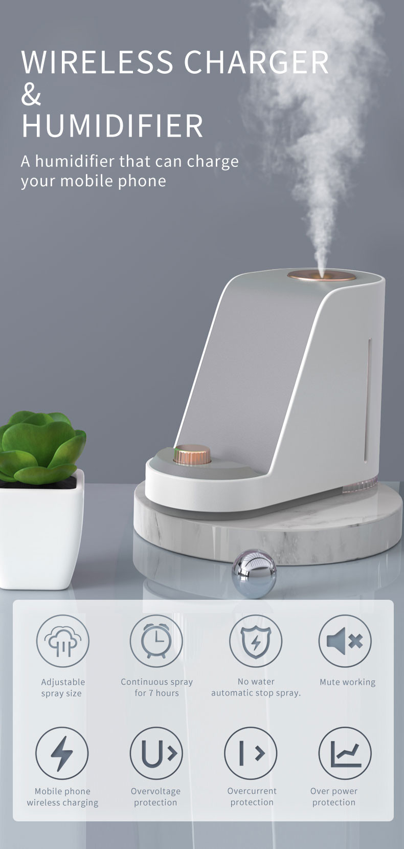 Mini Air USB Cool Mist Ultrasonic Humidifier With 10W Wireless Charger