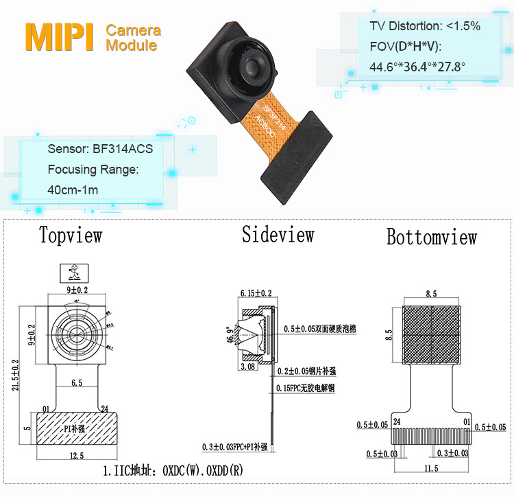 1MP HD 720P 1/4inch BF314ACS Sensor 24pin Mip Camera Module