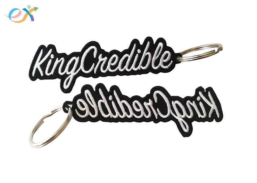 Heat Cut Border Letter Custom Embroidered Key Tags With Metal Ring Accessory