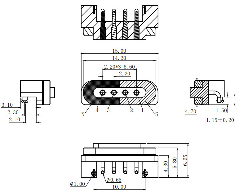 2.2mm Pitch Magnetic Connectors 3A Right Angle Pin Connector 4 Pin