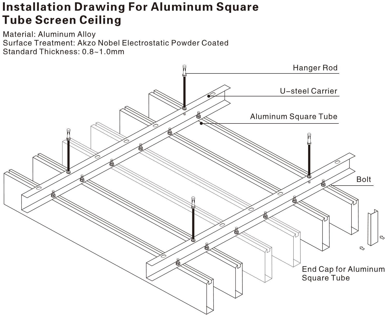 Decorative Square Aluminium Baffle Ceiling Customized Thickness