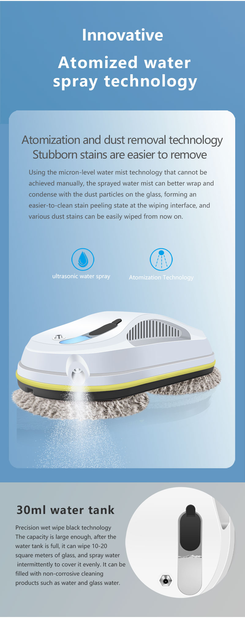 Smart Home Appliances Spray Water Window Cleaner Robot with 50ml Water Tank Capacity