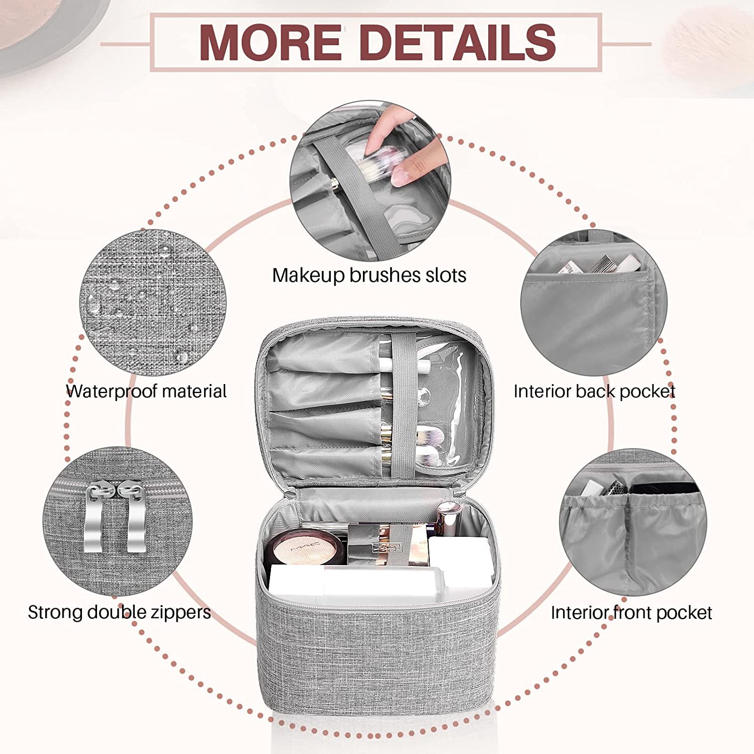 Waterproof and shockproof Makeup Bag Travel Makeup Bag Storage Bag with Mesh Bag Brush Holder Makeup Bag Women's