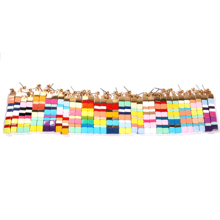 Square Tila Beads Enamel Hoop Earrings , 70cm Hanging Beaded Earrings