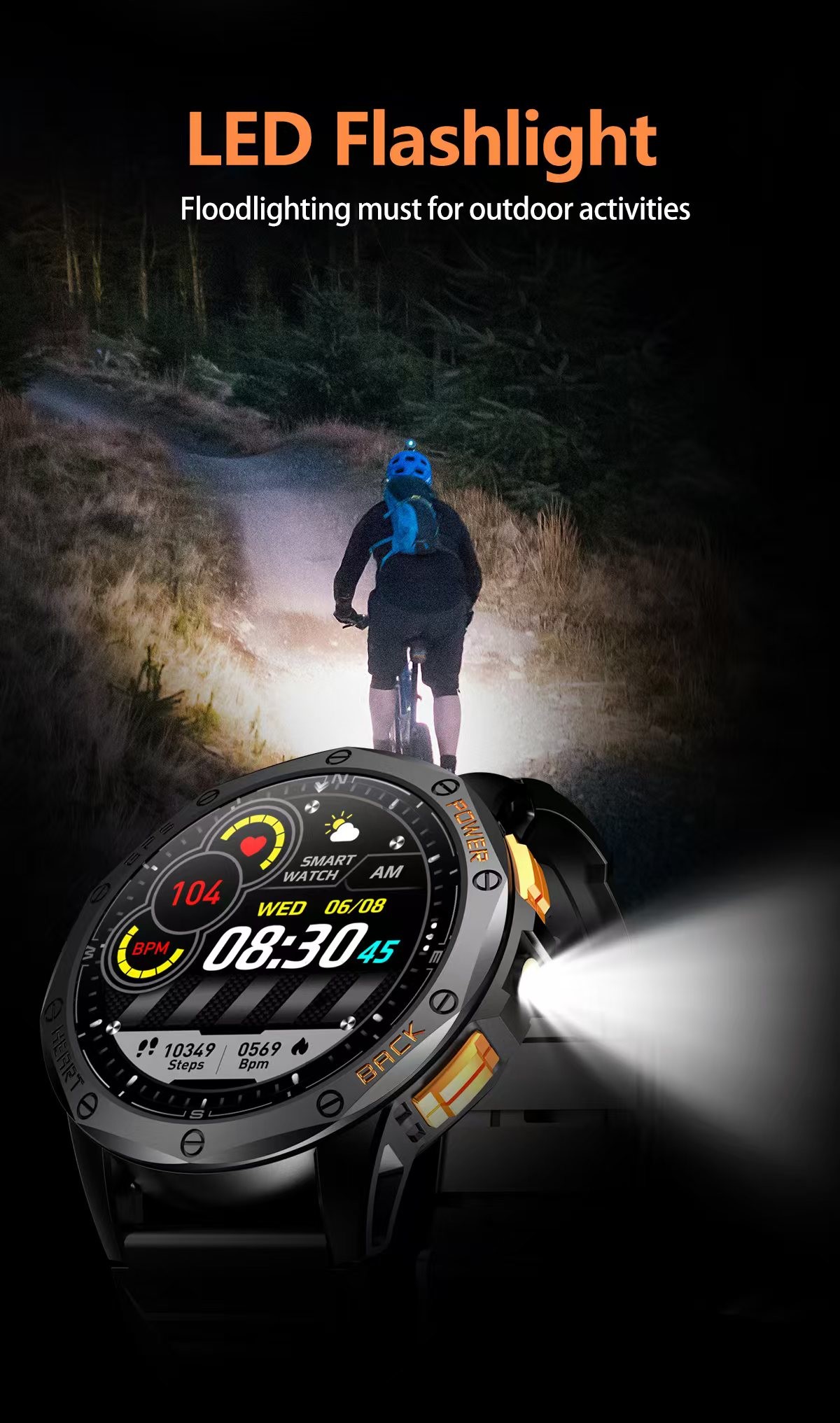 K67 Sport Smart Watch With LED Flashlight IP68 Waterproof Barometric Compass Altimeter