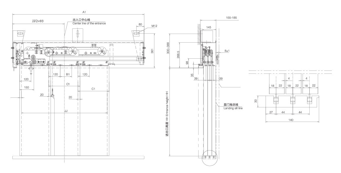 Rated Frequency 50-60Hz Elevator Door Parts , 3 Panels Side Opening Landing Door Device