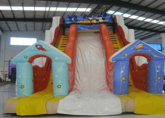 Spaceship themed inflatable high dry slide Top hot sale blue inflatable high slide