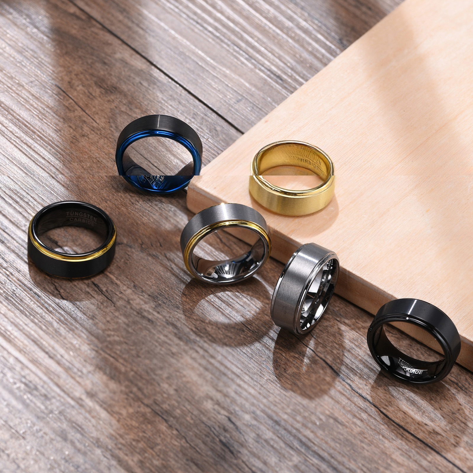 Silver Blue Gold Black Tungsten Wedding Band for Men 8mm Matte Brushed Finish Step Edges Comfort Fit Inlay Technology