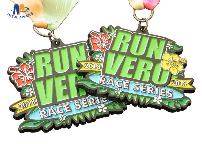 Die Cast Metal 5k Race Medals Black Nickle Plating Colors Filled With Sublimated Ribbon