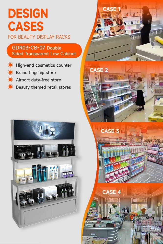 GDR03-CB-07 Double Sided Transparent Low Cabinet With 80mm Soft Film Light Box And LED Strip Lights For Fashion Boutiques