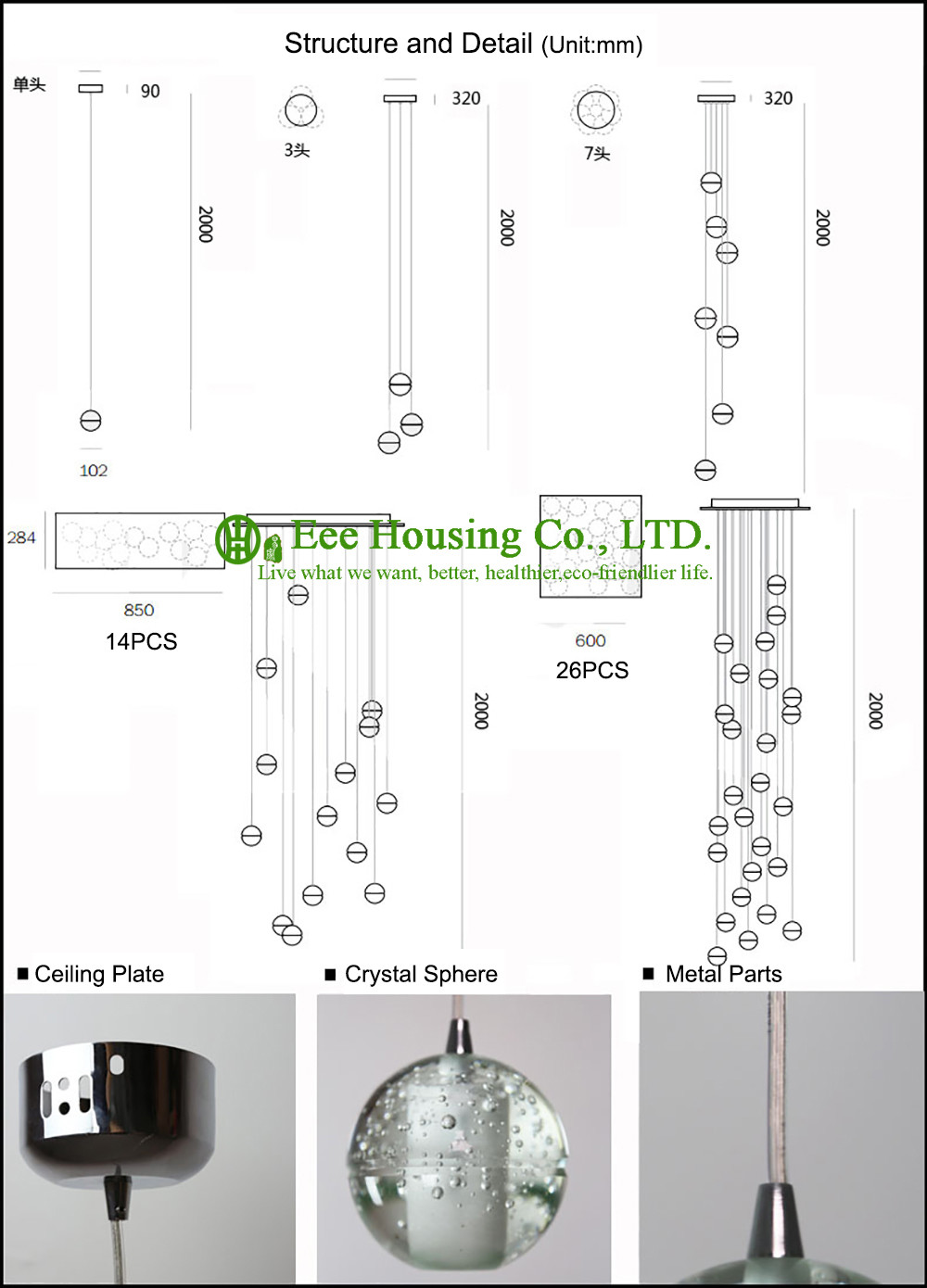 Beautiful Color Crystal Sphere Lamp Led Bulb Lighting Pendant Light