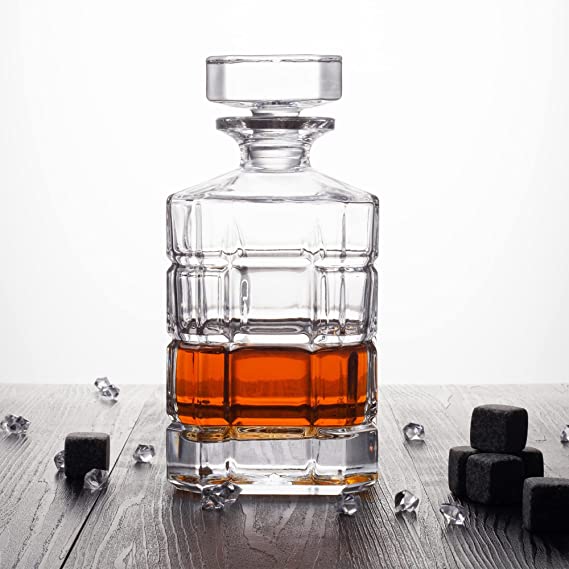 Round Glass Stopper Bourbon Whiskey Bottle for Cosmetics Engraved Design 30oz Capacity