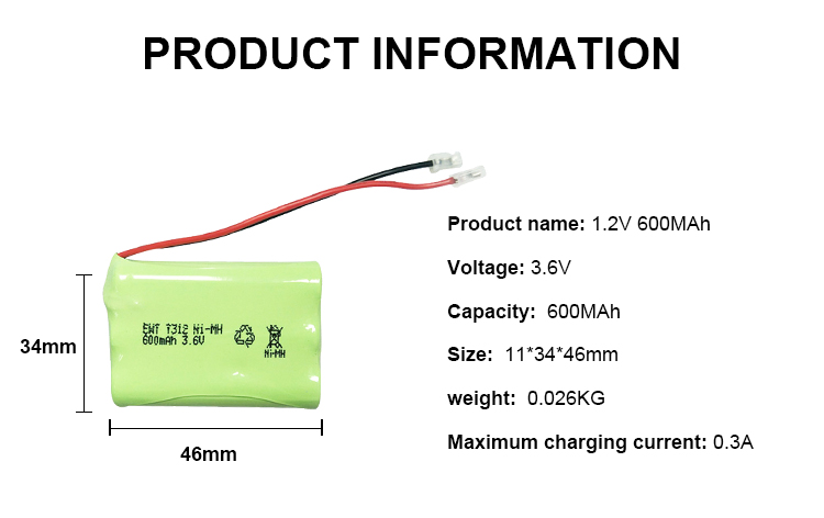3.6v Nickel Rechargeable Battery 600mah 700mah 800mah Nimh Aaa Battery Pack