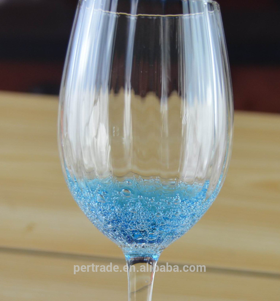 Handmade Ocean Blue Wine Goblet Glass With Sparkling Bubbles